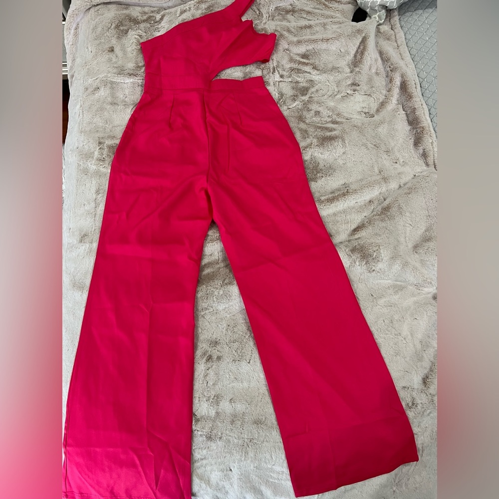 One Shoulder Cutout Solid Color Jumpsuit w/ Pockets